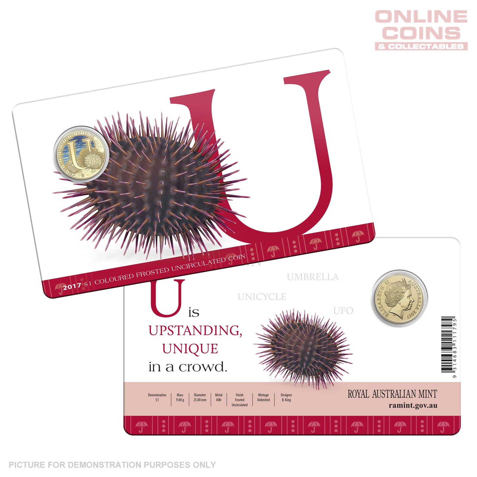 2017 $1 Coloured Alphabet Frosted Uncirculated Coin In Card - U For Urchin